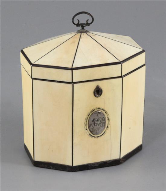 A Regency ebony strung ivory tea caddy, H.5.5in.